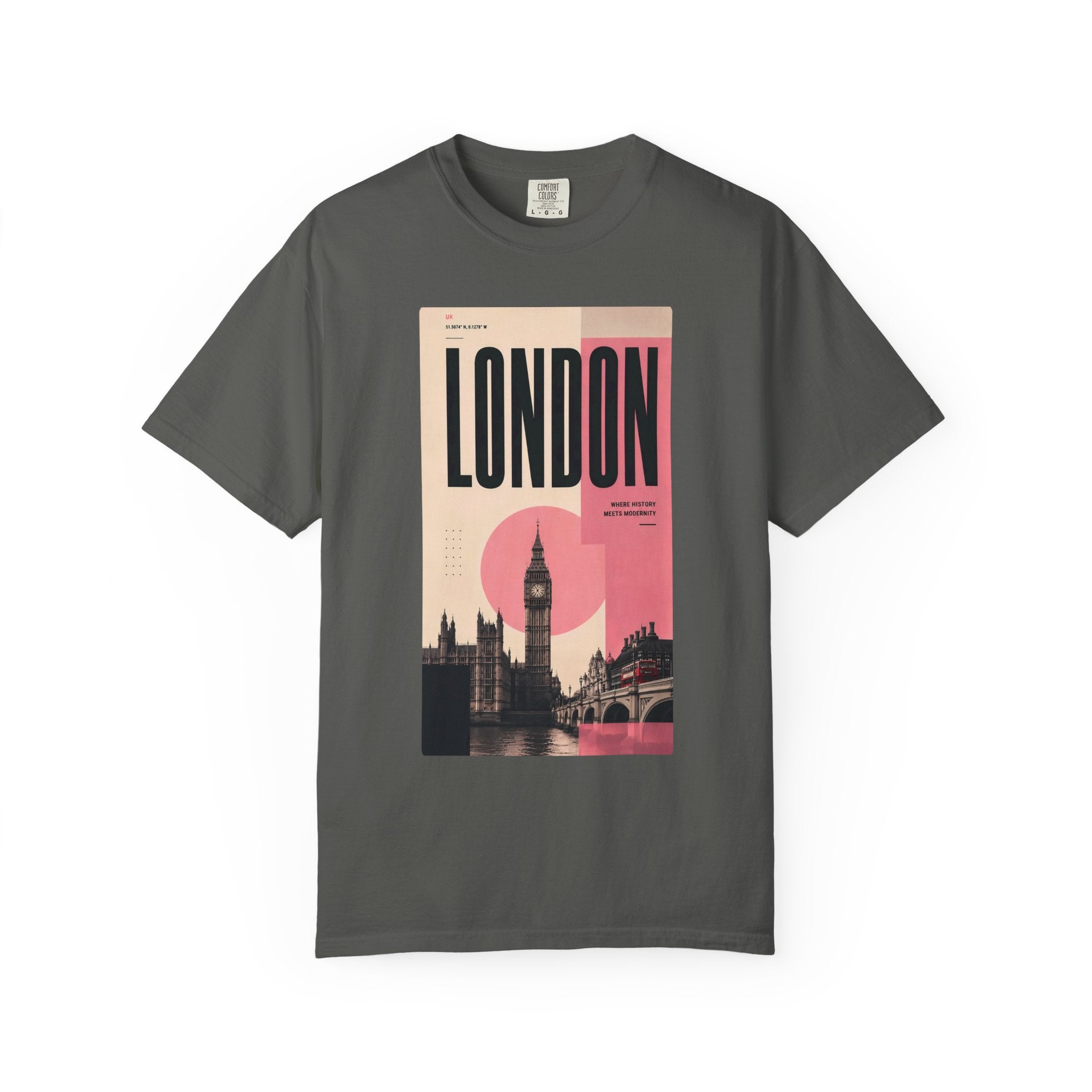 London Vintage Travel Poster Graphic Tee | Big Ben Retro Pink Design