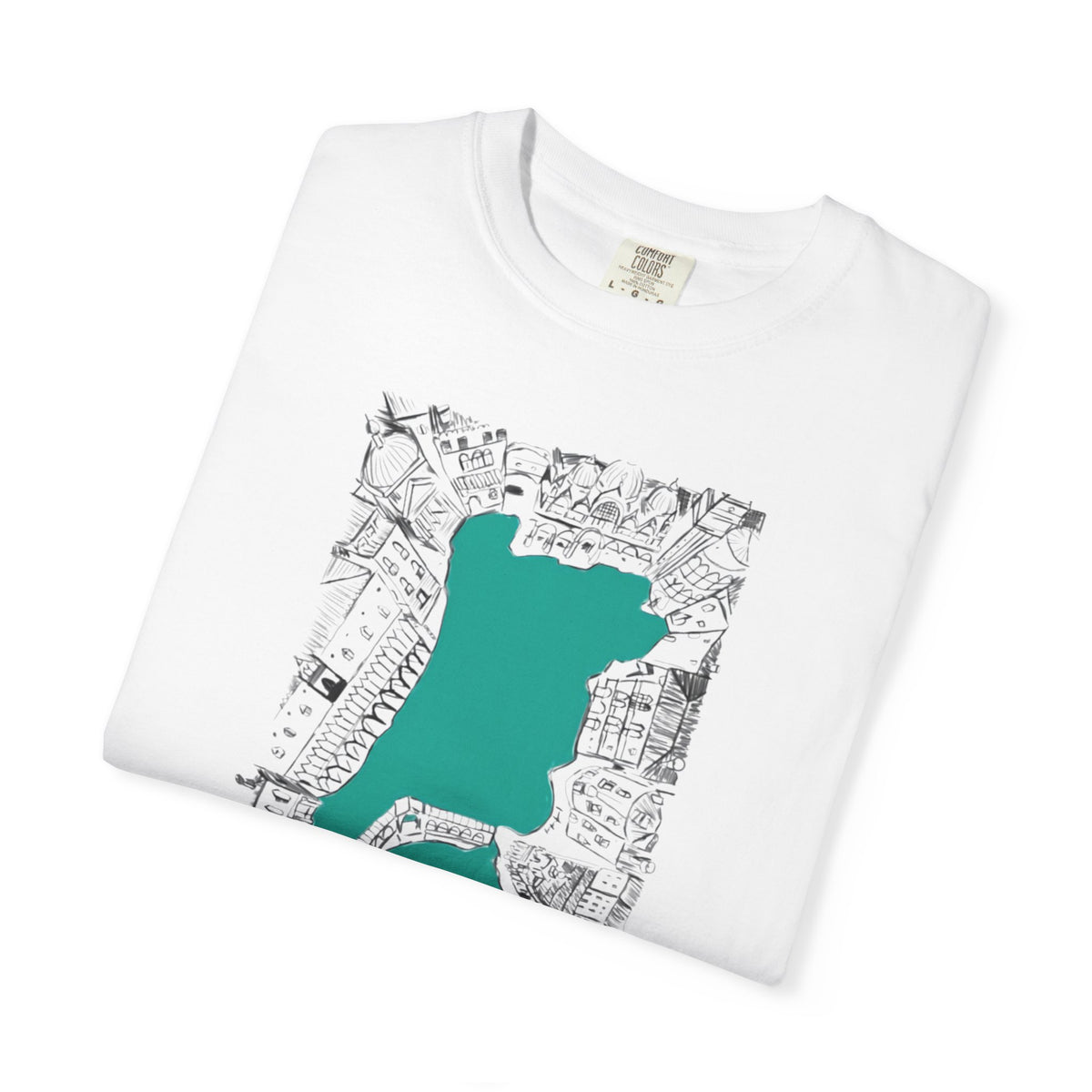 London City Sketch Illustration Graphic Tee | Hand-Drawn Waterway Cityscape