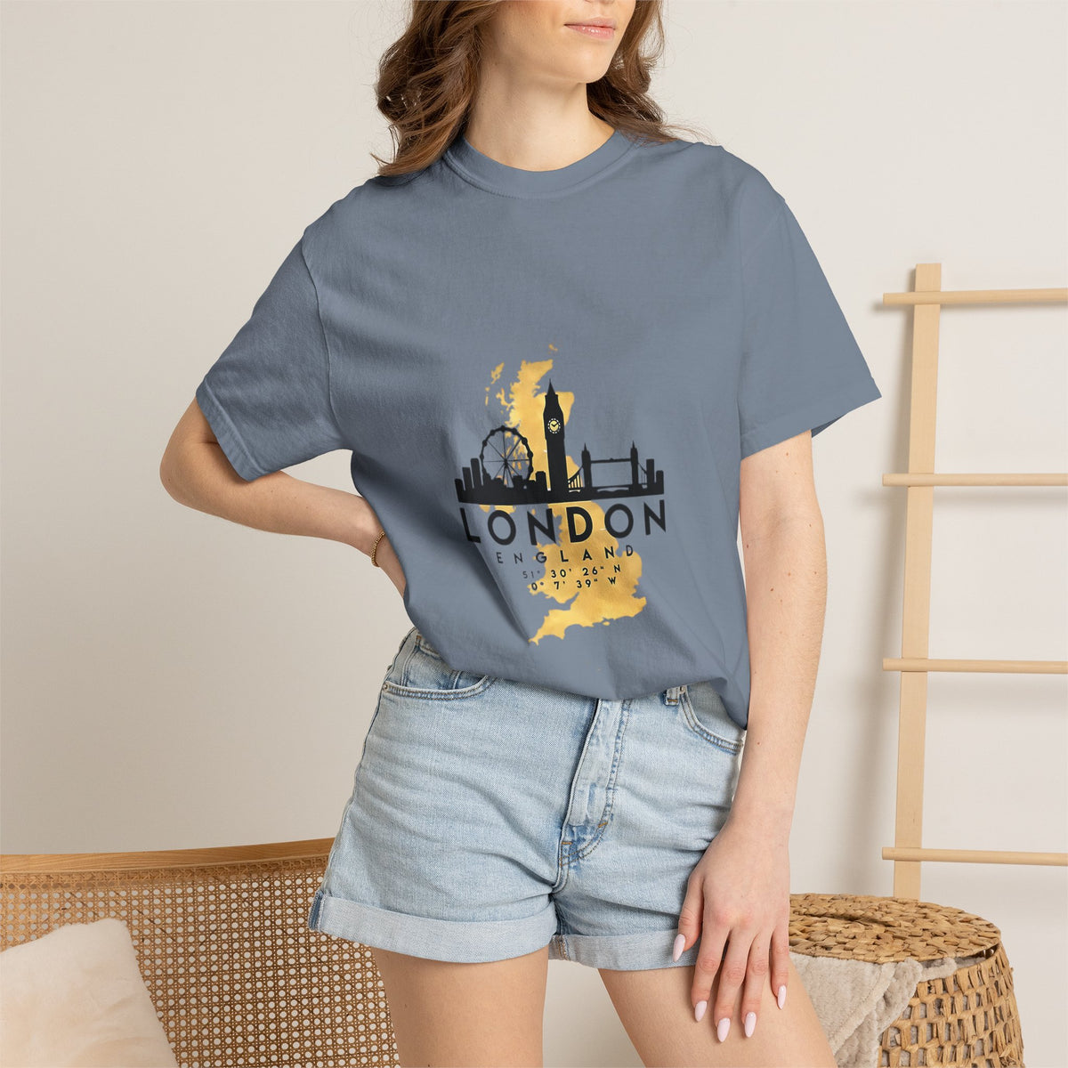 London England Skyline Map Silhouette Graphic Tee | Gold City Coordinates Design