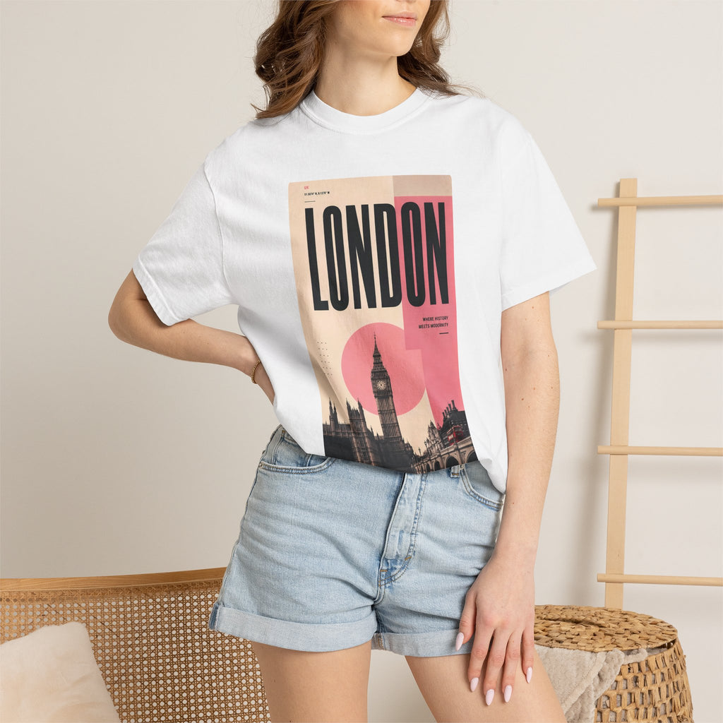 London Vintage Travel Poster Graphic Tee | Big Ben Retro Pink Design