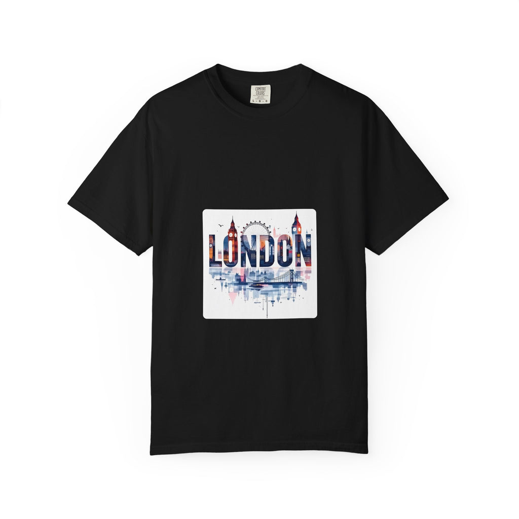 London Skyline Watercolor Typography Graphic Tee | Big Ben & London Eye