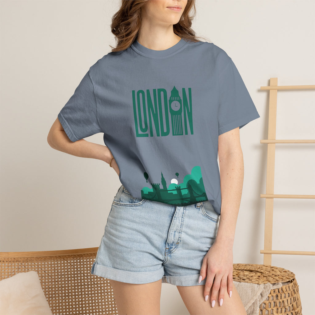 London Retro Skyline Poster Graphic Tee | Big Ben Tower Bridge Teal Design