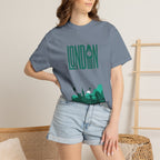 London Retro Skyline Poster Graphic Tee | Big Ben Tower Bridge Teal Design