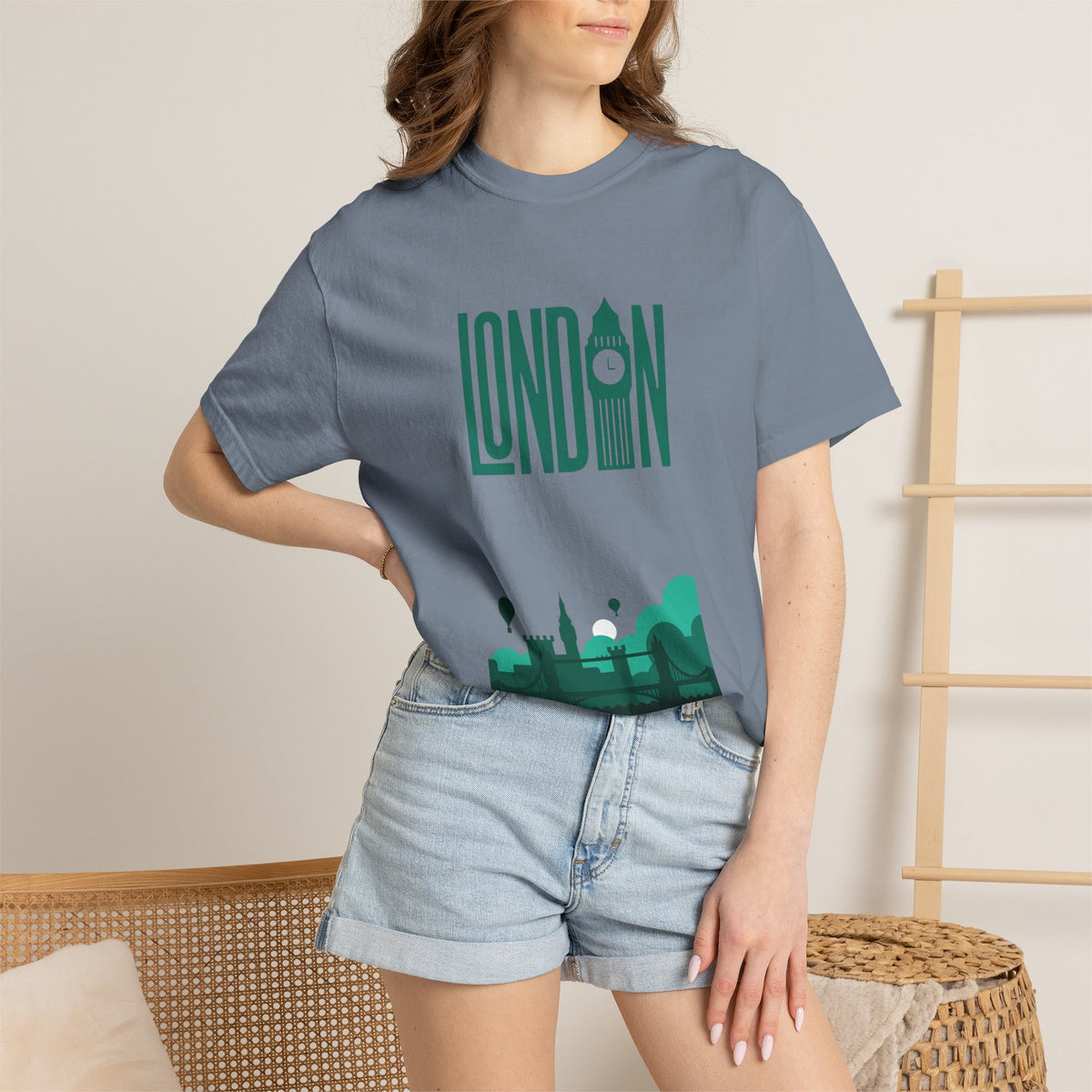 London Retro Skyline Poster Graphic Tee | Big Ben Tower Bridge Teal Design