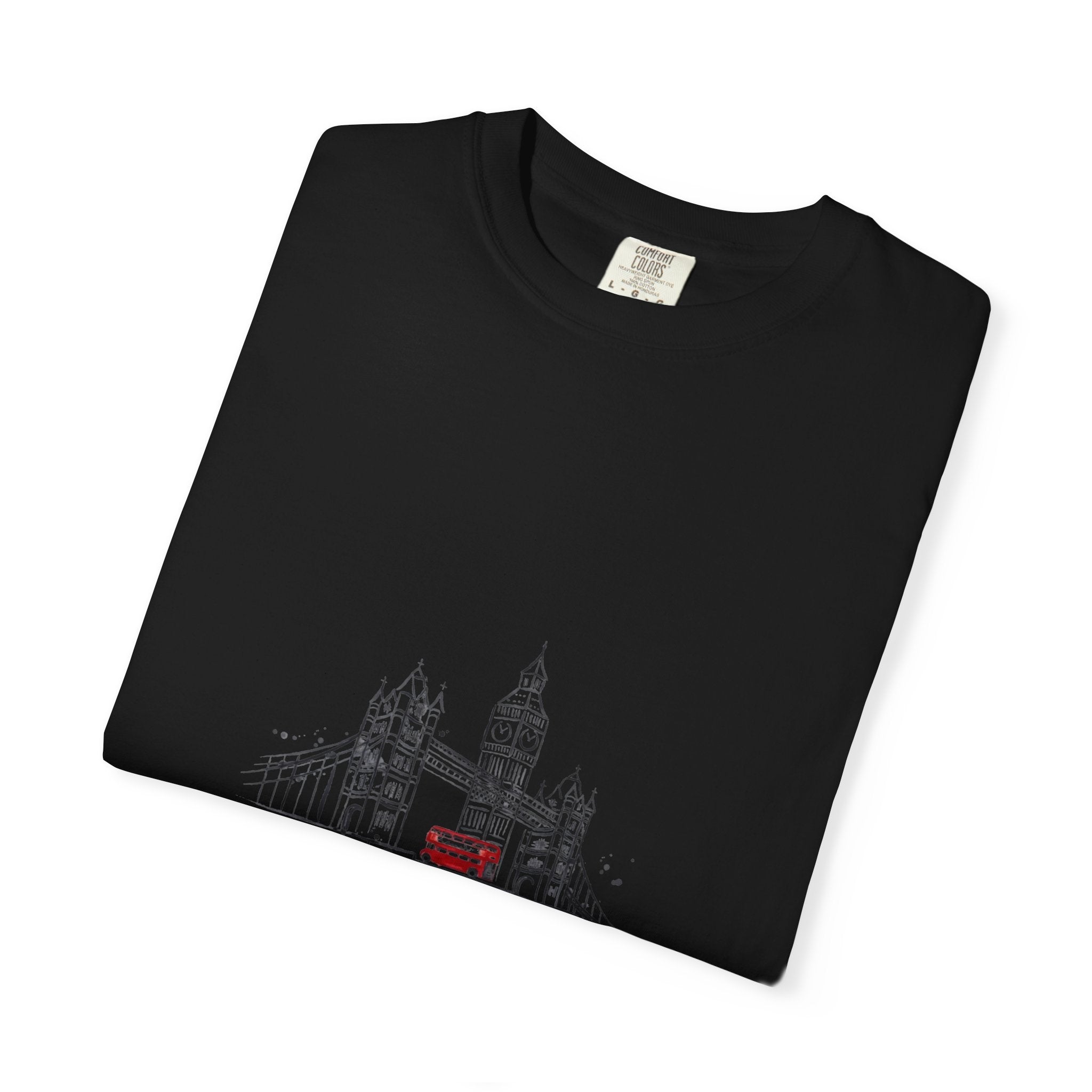 London Tower Bridge Watercolor Sketch Graphic Tee | Big Ben Red Bus Design