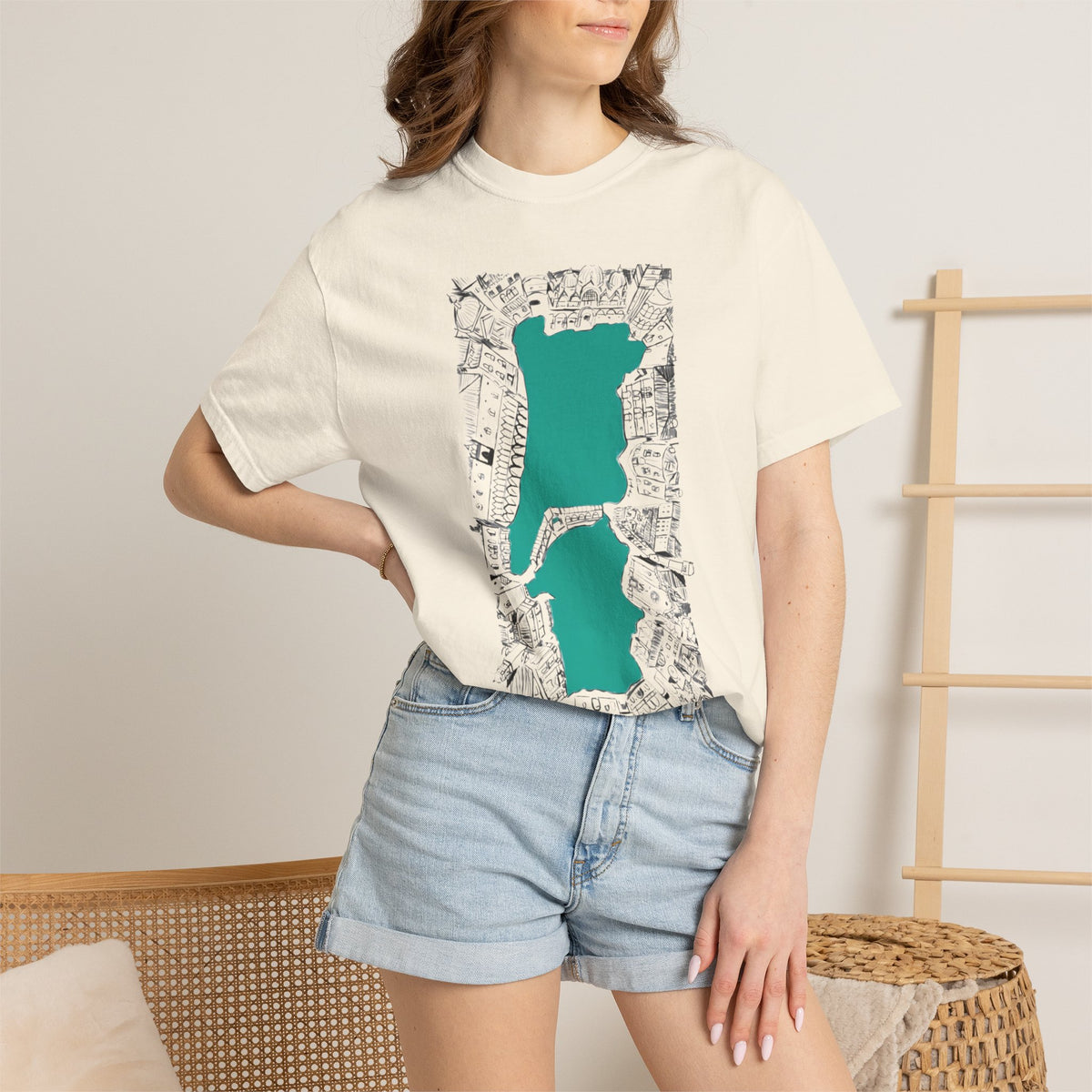 London City Sketch Illustration Graphic Tee | Hand-Drawn Waterway Cityscape