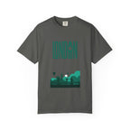 London Retro Skyline Poster Graphic Tee | Big Ben Tower Bridge Teal Design