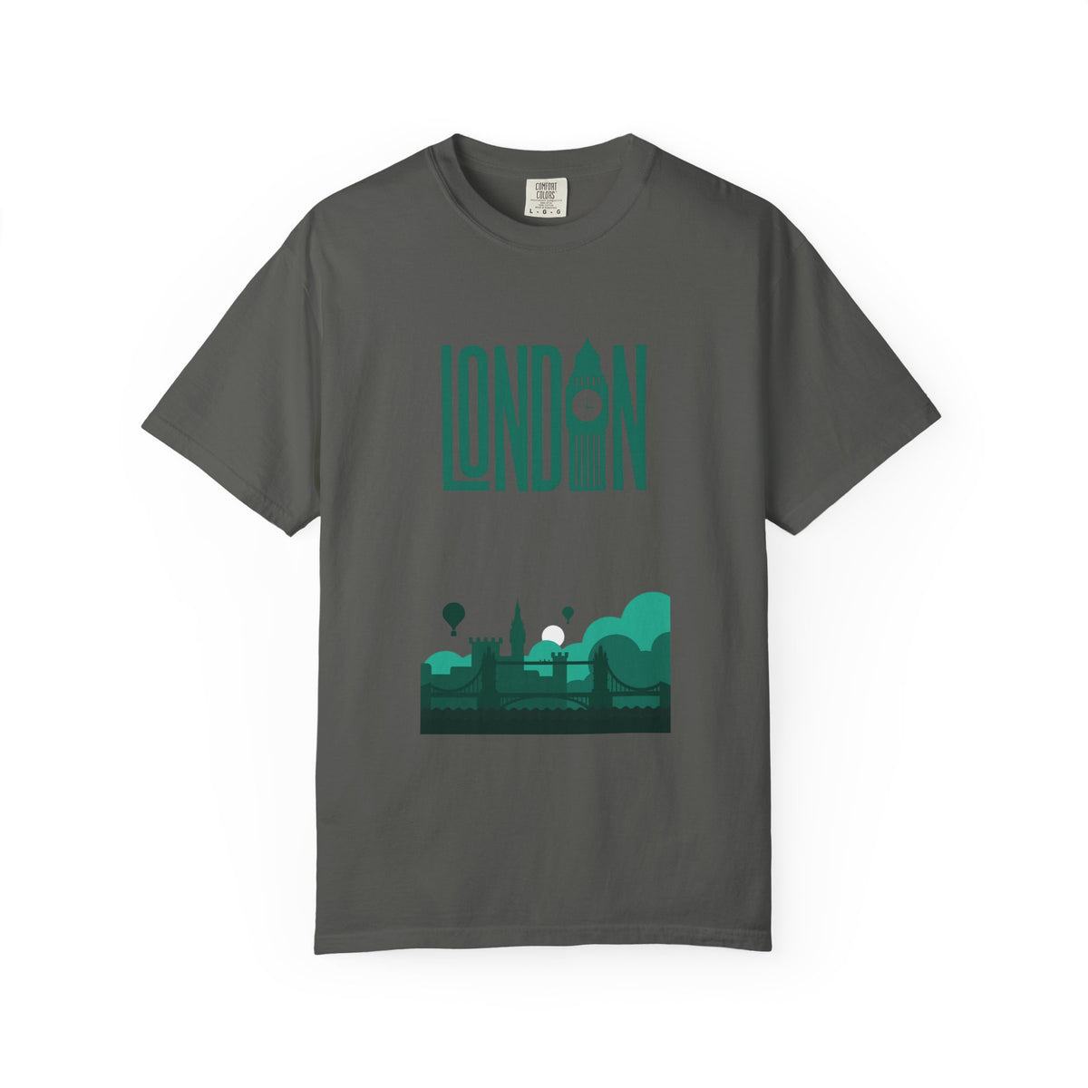 London Retro Skyline Poster Graphic Tee | Big Ben Tower Bridge Teal Design