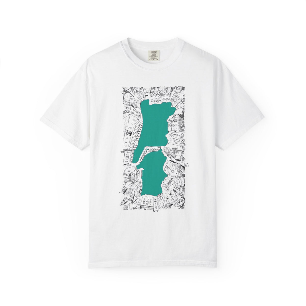 London City Sketch Illustration Graphic Tee | Hand-Drawn Waterway Cityscape