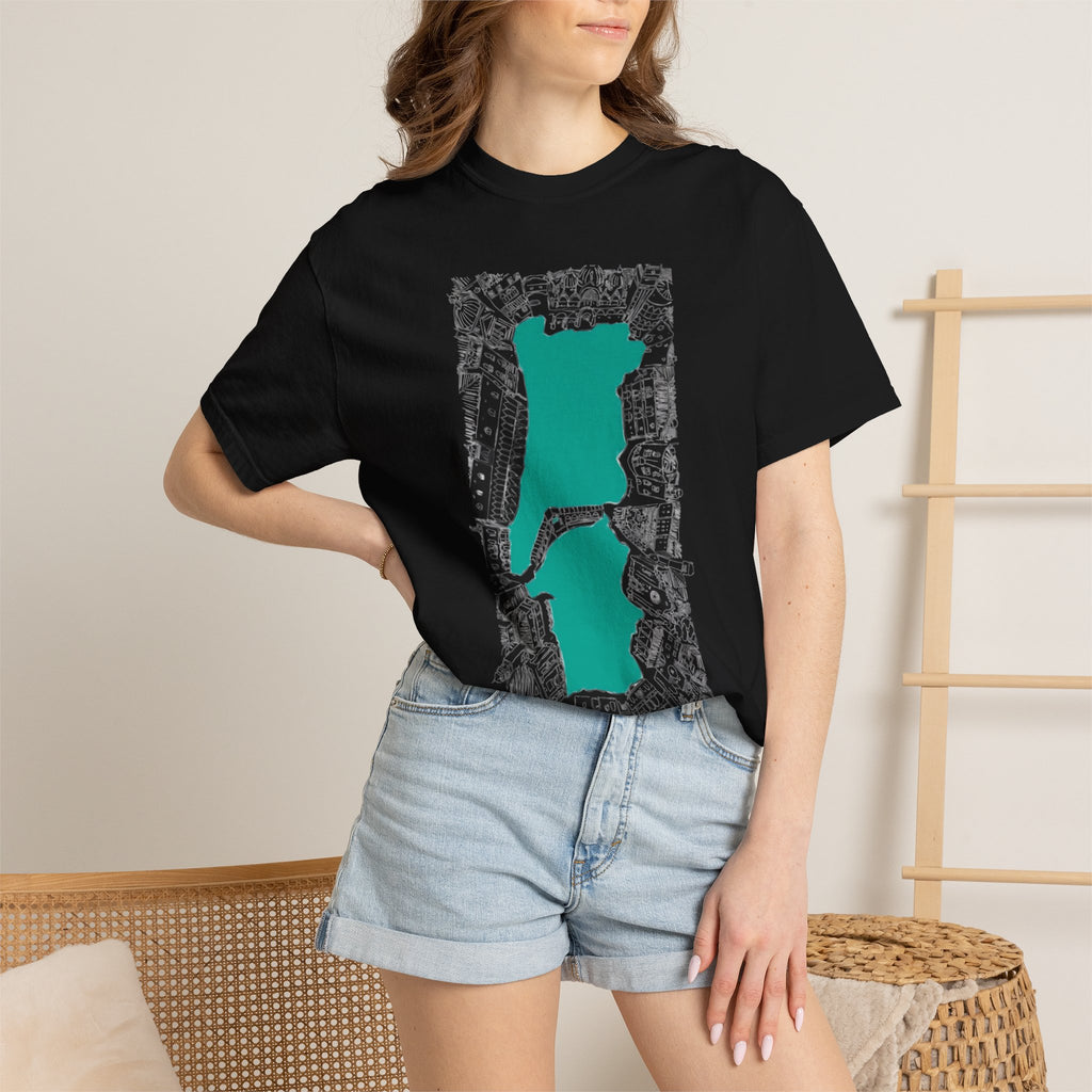 London City Sketch Illustration Graphic Tee | Hand-Drawn Waterway Cityscape