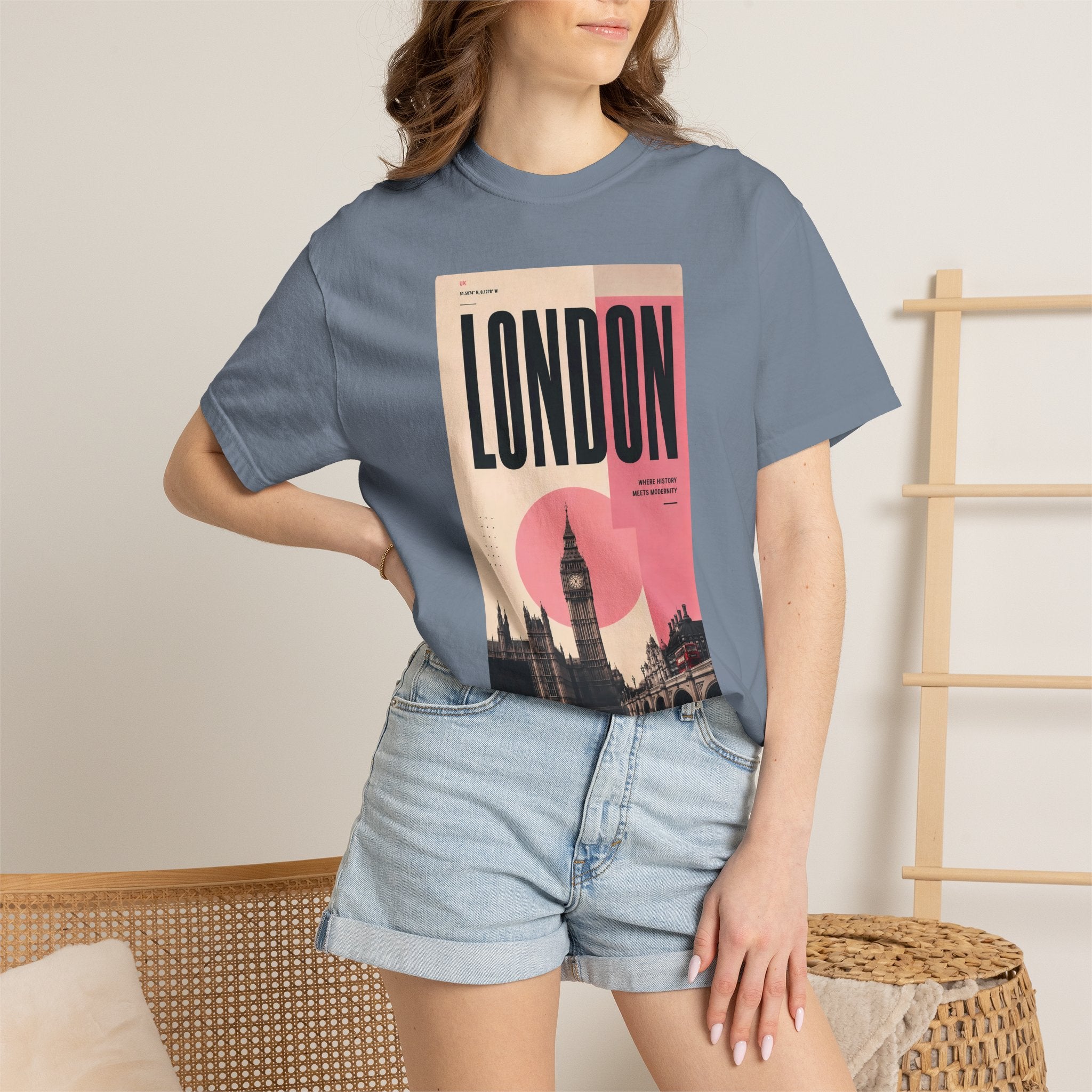 London Vintage Travel Poster Graphic Tee | Big Ben Retro Pink Design