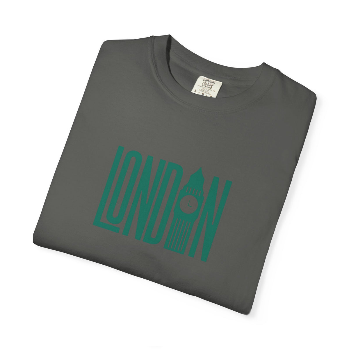 London Retro Skyline Poster Graphic Tee | Big Ben Tower Bridge Teal Design