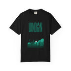 London Retro Skyline Poster Graphic Tee | Big Ben Tower Bridge Teal Design