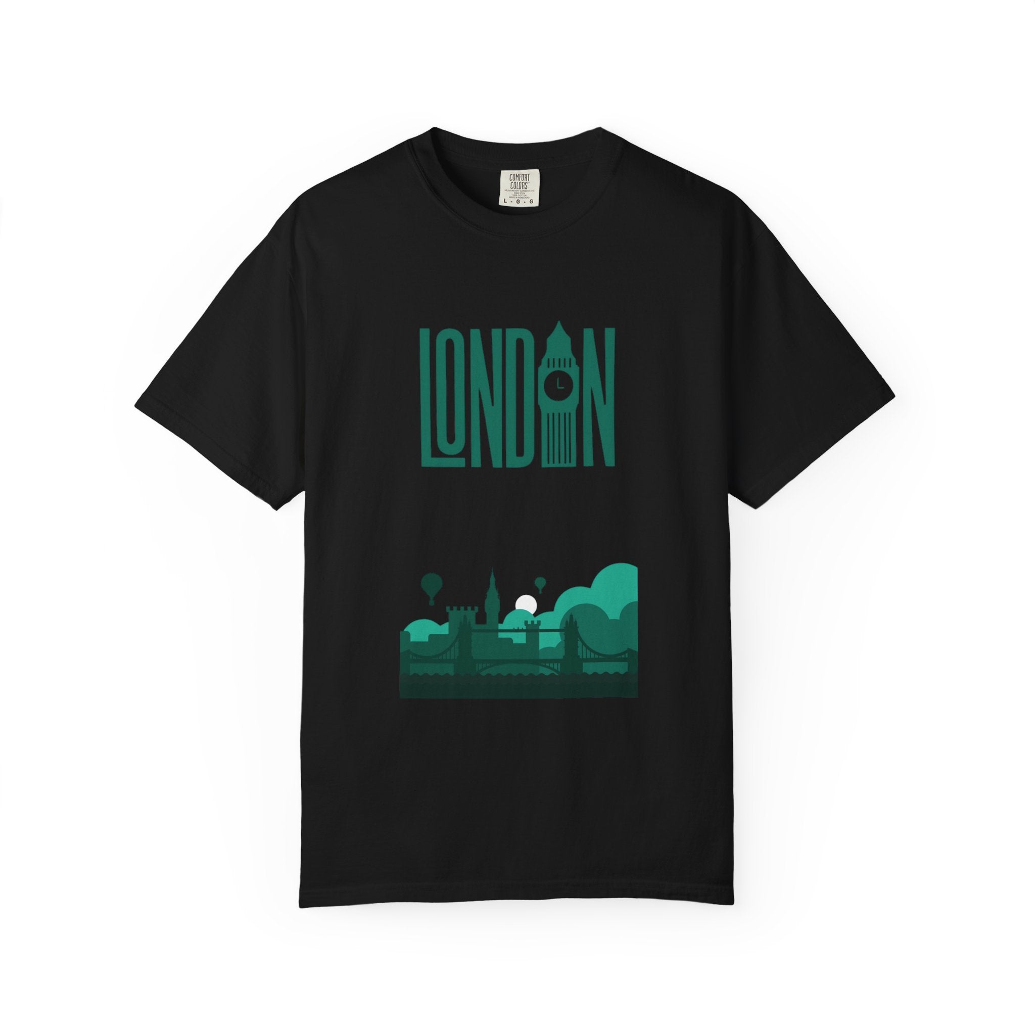 London Retro Skyline Poster Graphic Tee | Big Ben Tower Bridge Teal Design