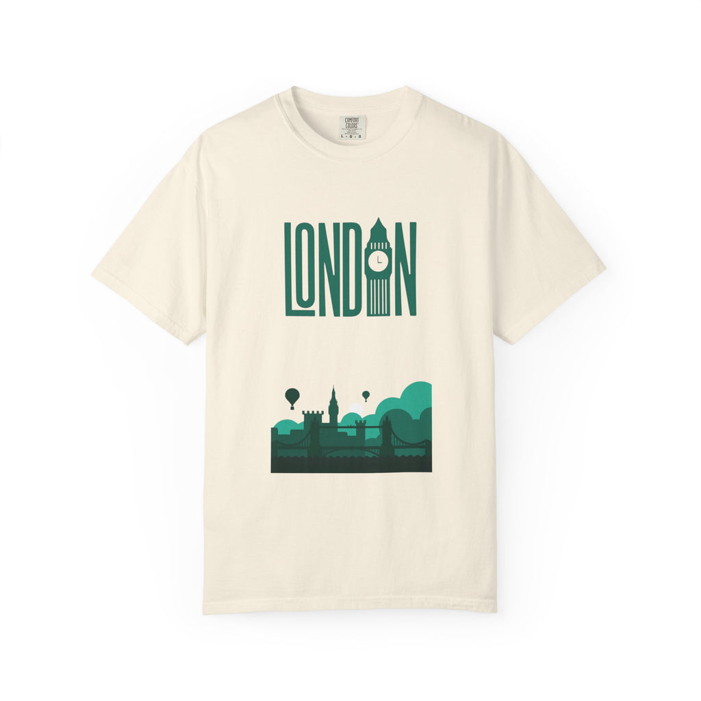London Retro Skyline Poster Graphic Tee | Big Ben Tower Bridge Teal Design