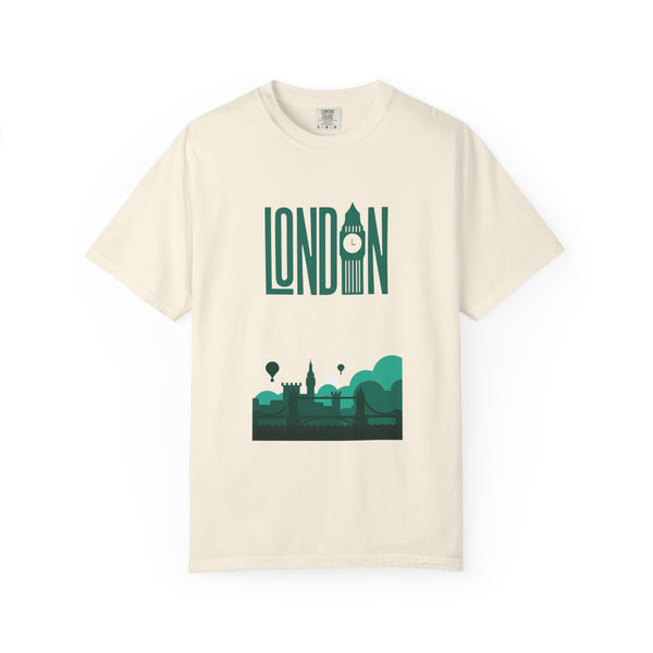 London Retro Skyline Poster Graphic Tee | Big Ben Tower Bridge Teal Design