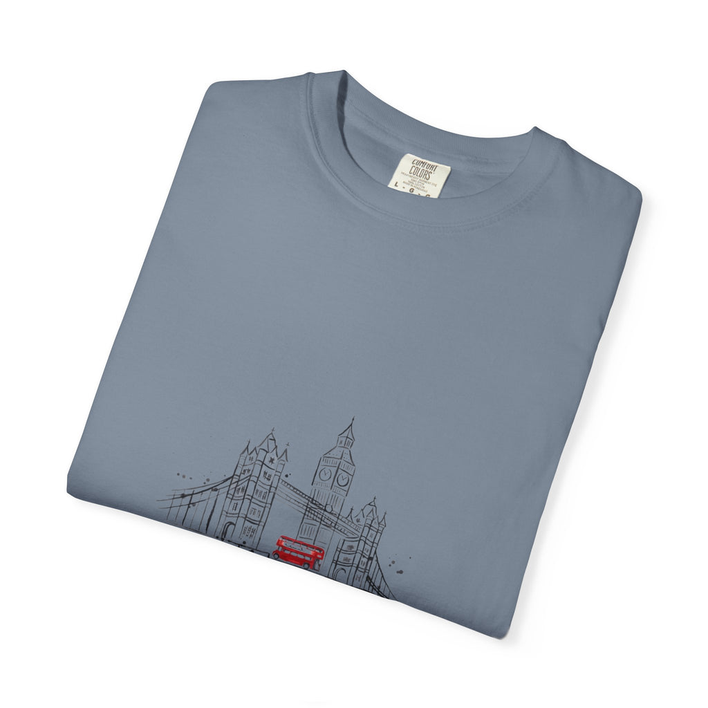 London Tower Bridge Watercolor Sketch Graphic Tee | Big Ben Red Bus Design