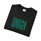 London Retro Skyline Poster Graphic Tee | Big Ben Tower Bridge Teal Design