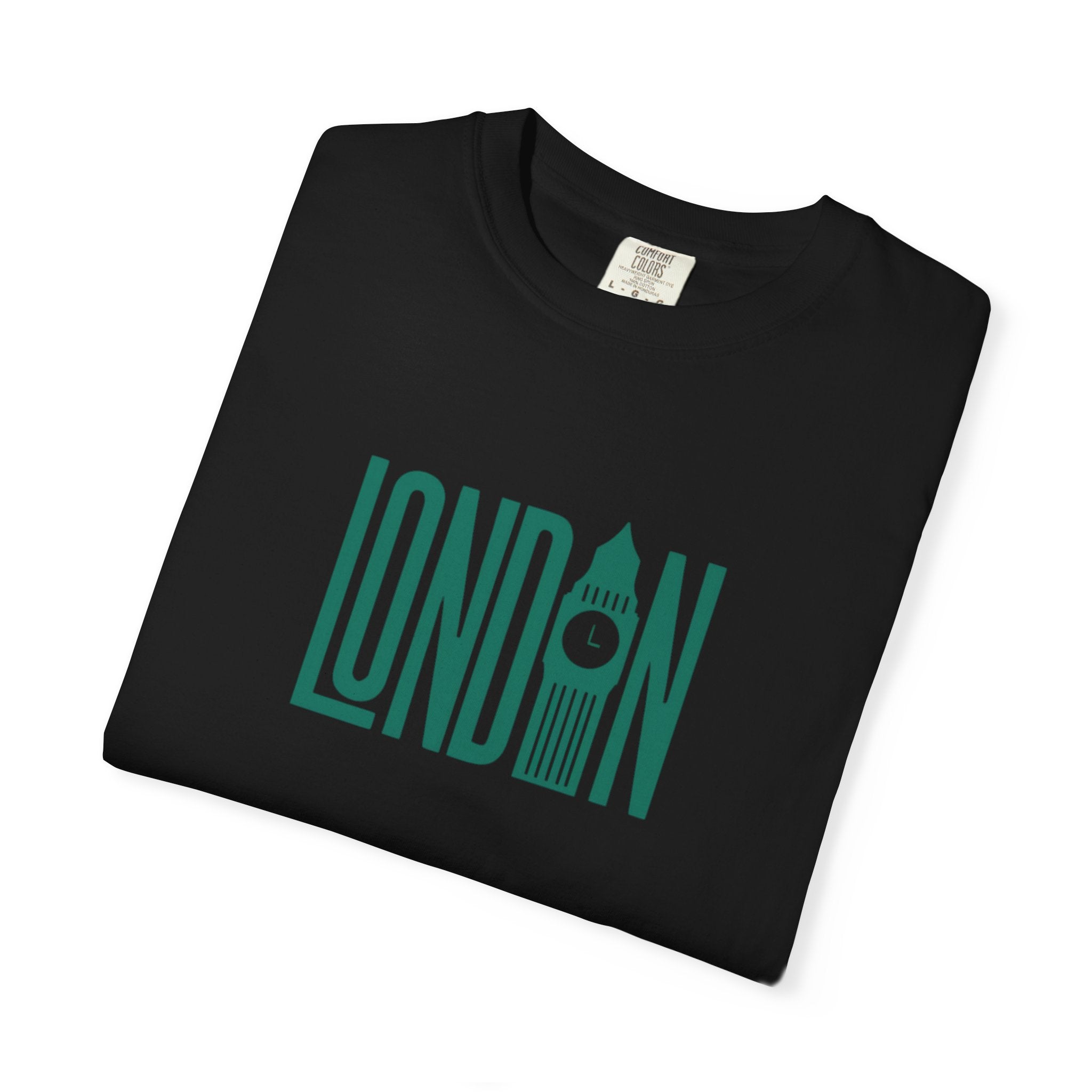 London Retro Skyline Poster Graphic Tee | Big Ben Tower Bridge Teal Design