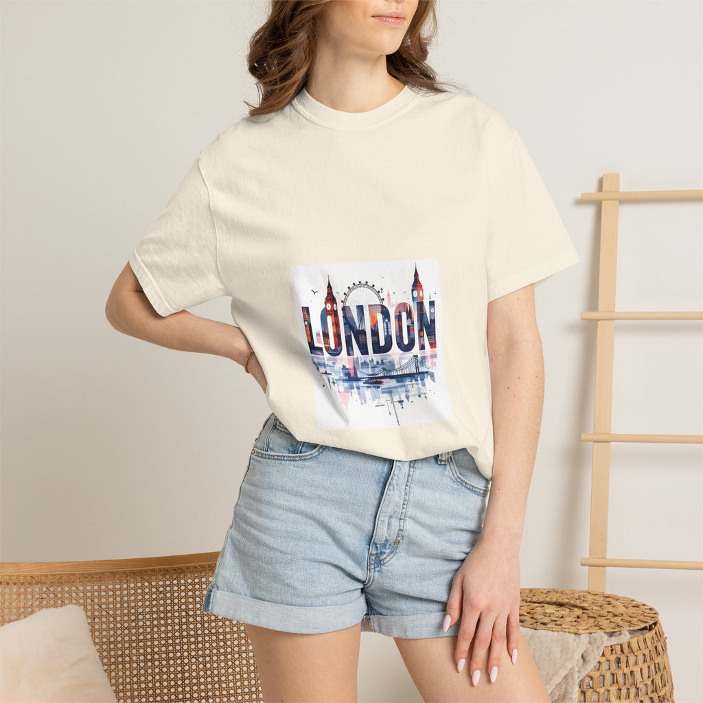 London Skyline Watercolor Typography Graphic Tee | Big Ben & London Eye