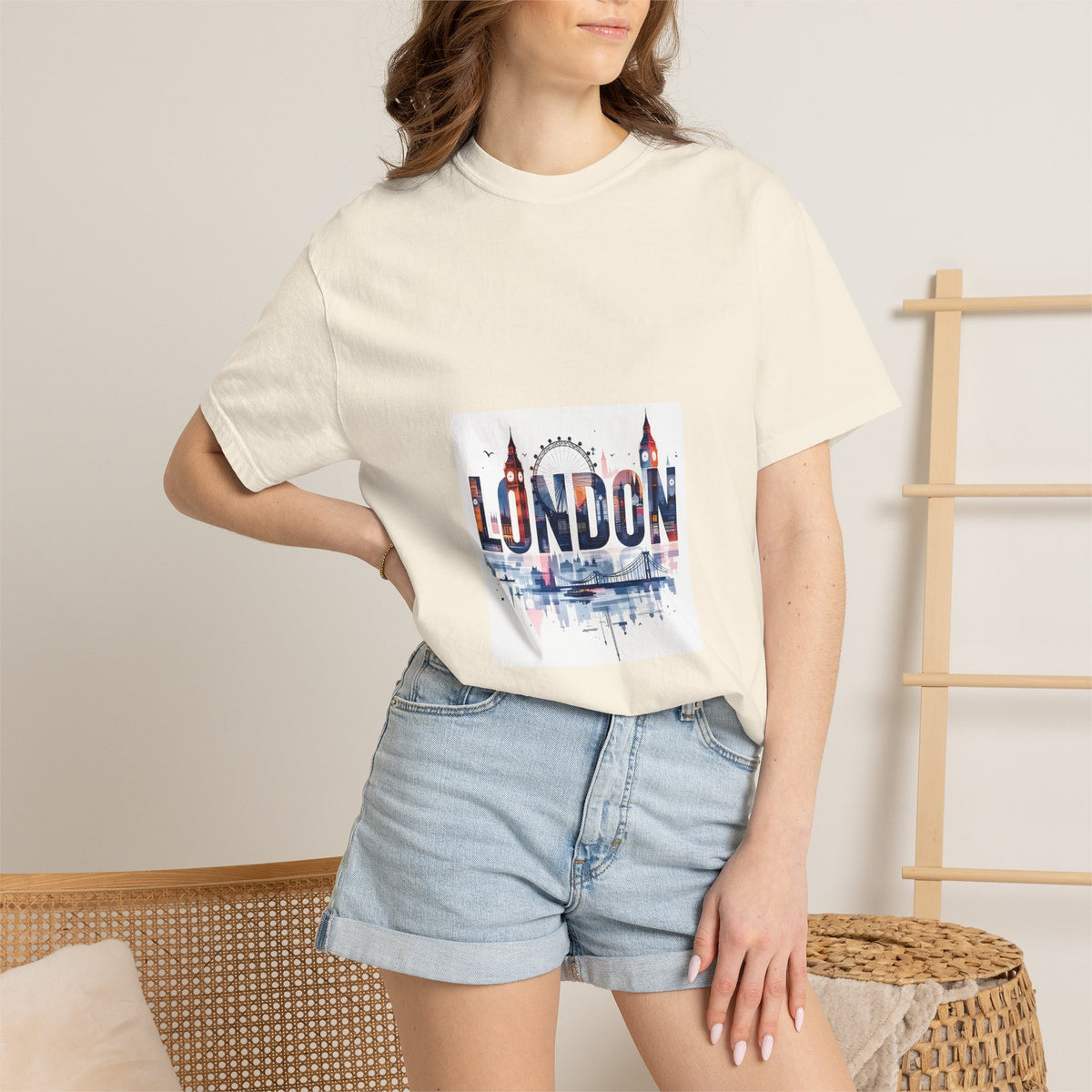 London Skyline Watercolor Typography Graphic Tee | Big Ben & London Eye