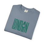 London Retro Skyline Poster Graphic Tee | Big Ben Tower Bridge Teal Design