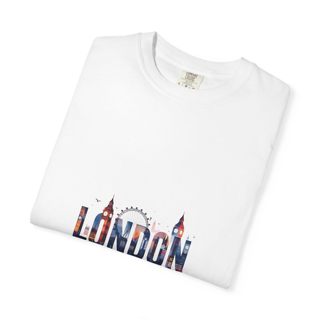 London Skyline Watercolor Typography Graphic Tee | Big Ben & London Eye