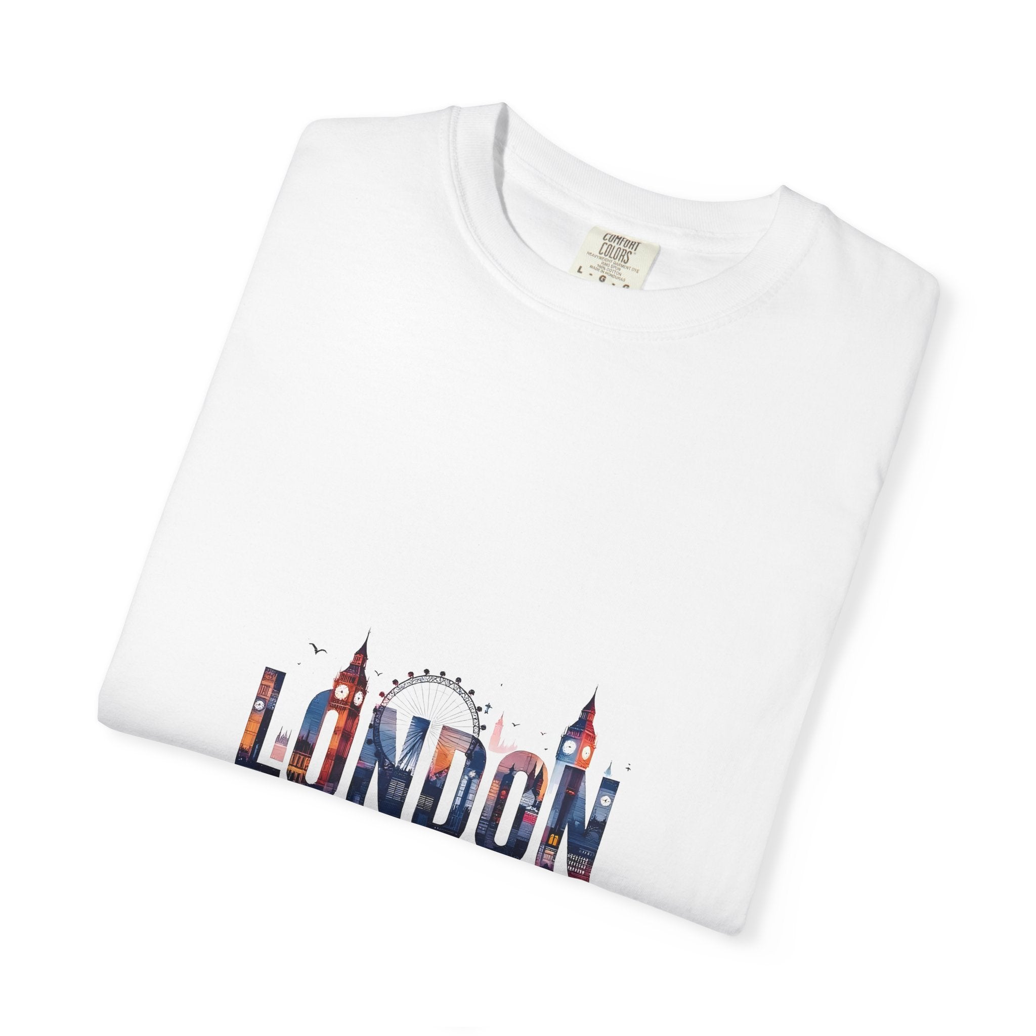 London Skyline Watercolor Typography Graphic Tee | Big Ben & London Eye