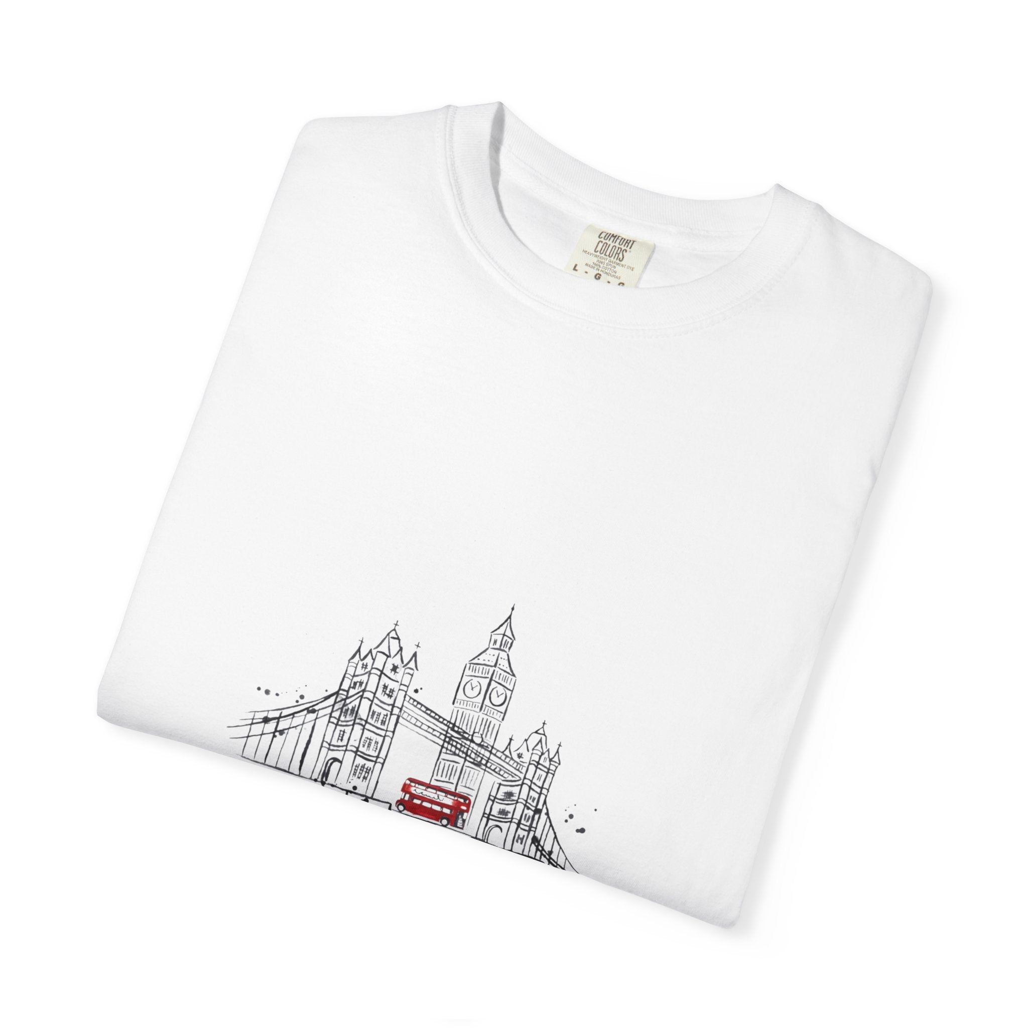 London Tower Bridge Watercolor Sketch Graphic Tee | Big Ben Red Bus Design