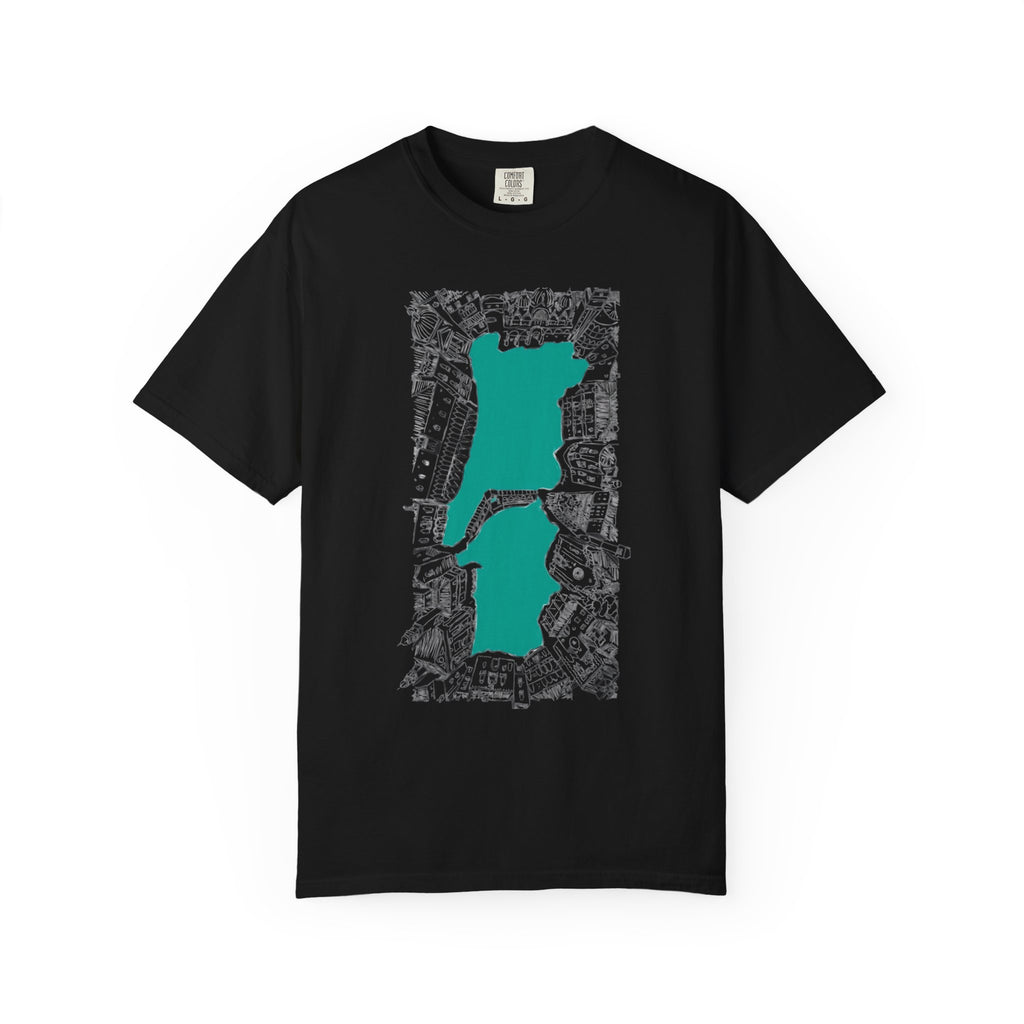 London City Sketch Illustration Graphic Tee | Hand-Drawn Waterway Cityscape