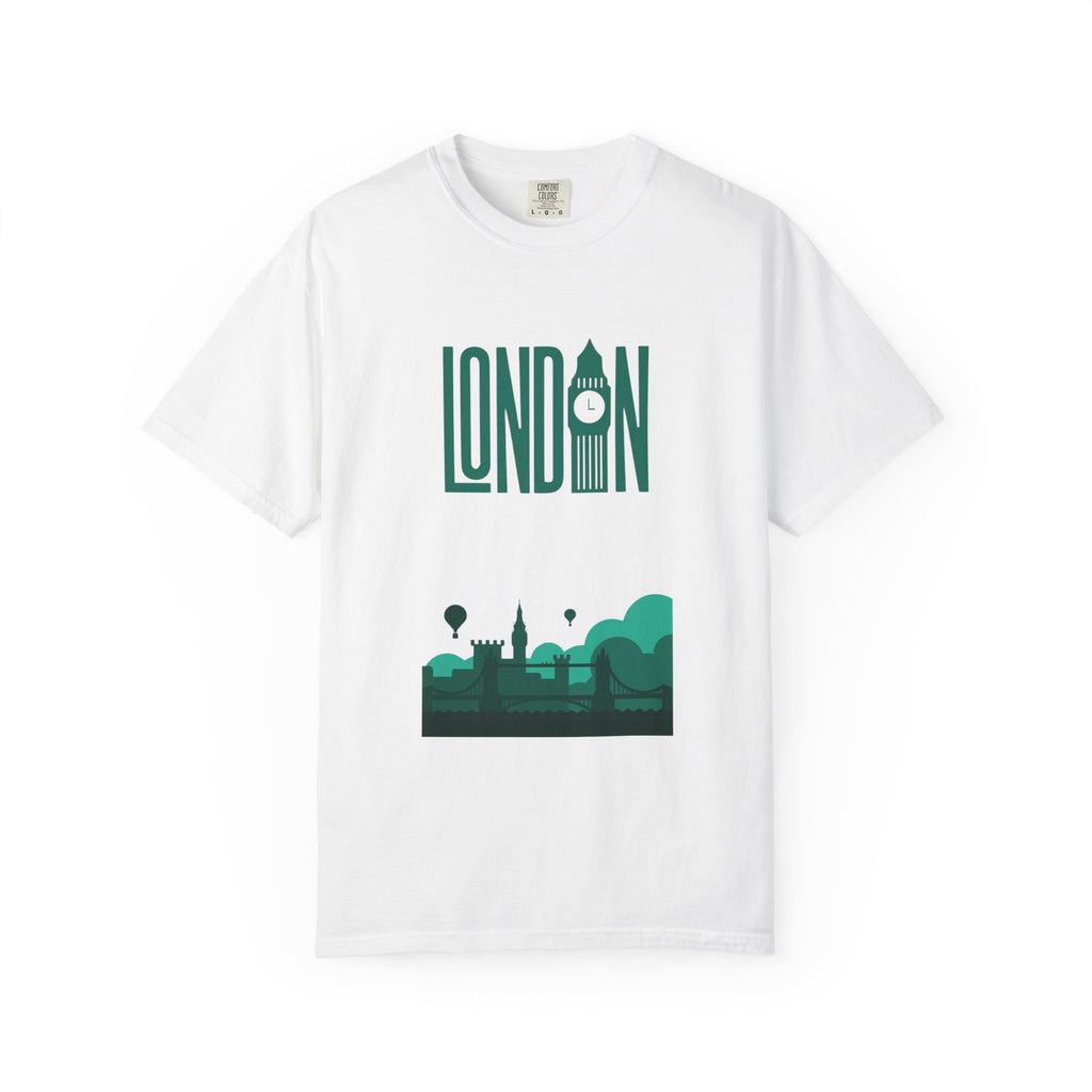 London Retro Skyline Poster Graphic Tee | Big Ben Tower Bridge Teal Design