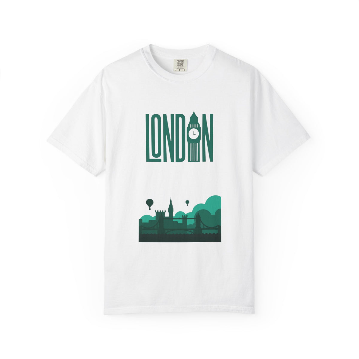 London Retro Skyline Poster Graphic Tee | Big Ben Tower Bridge Teal Design