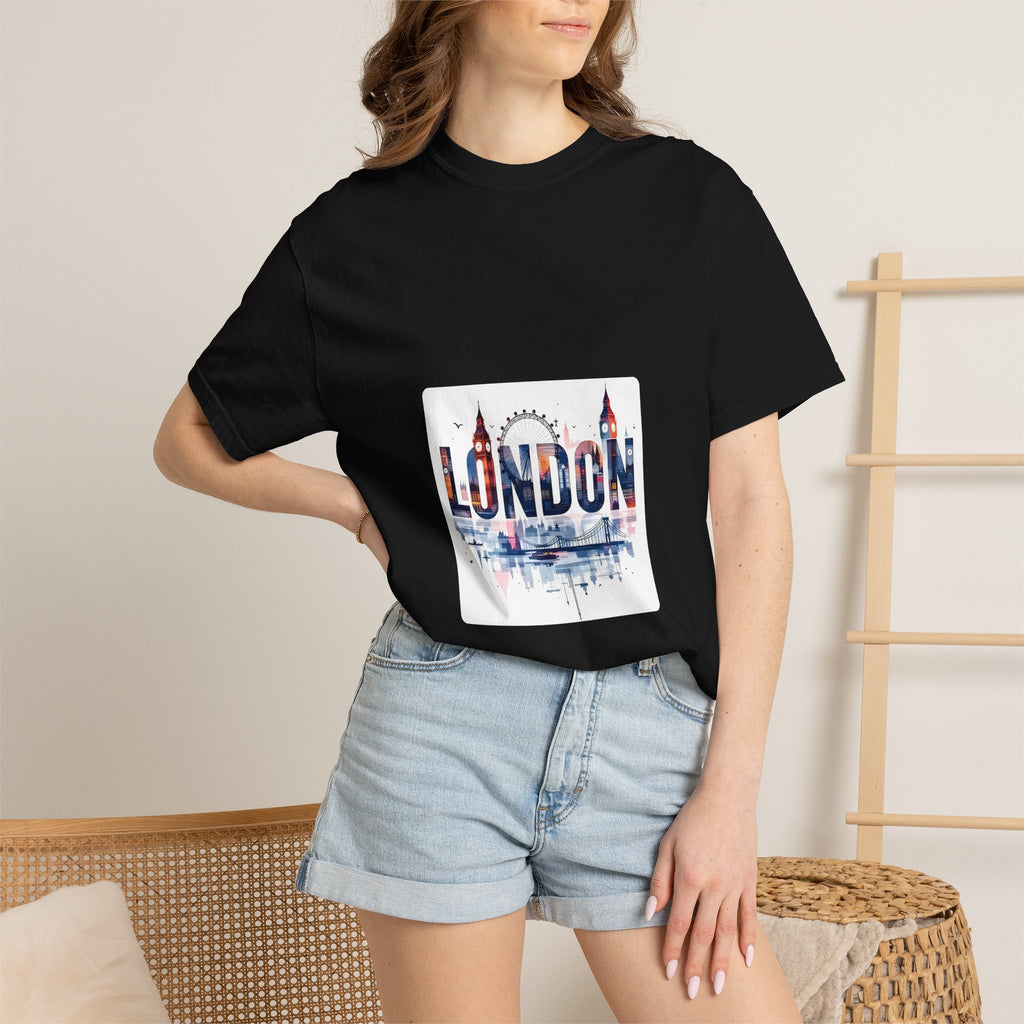 London Skyline Watercolor Typography Graphic Tee | Big Ben & London Eye