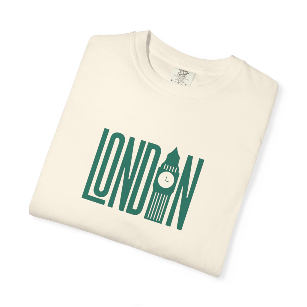 London Retro Skyline Poster Graphic Tee | Big Ben Tower Bridge Teal Design