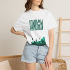 London Retro Skyline Poster Graphic Tee | Big Ben Tower Bridge Teal Design
