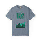 London Retro Skyline Poster Graphic Tee | Big Ben Tower Bridge Teal Design