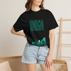 London Retro Skyline Poster Graphic Tee | Big Ben Tower Bridge Teal Design