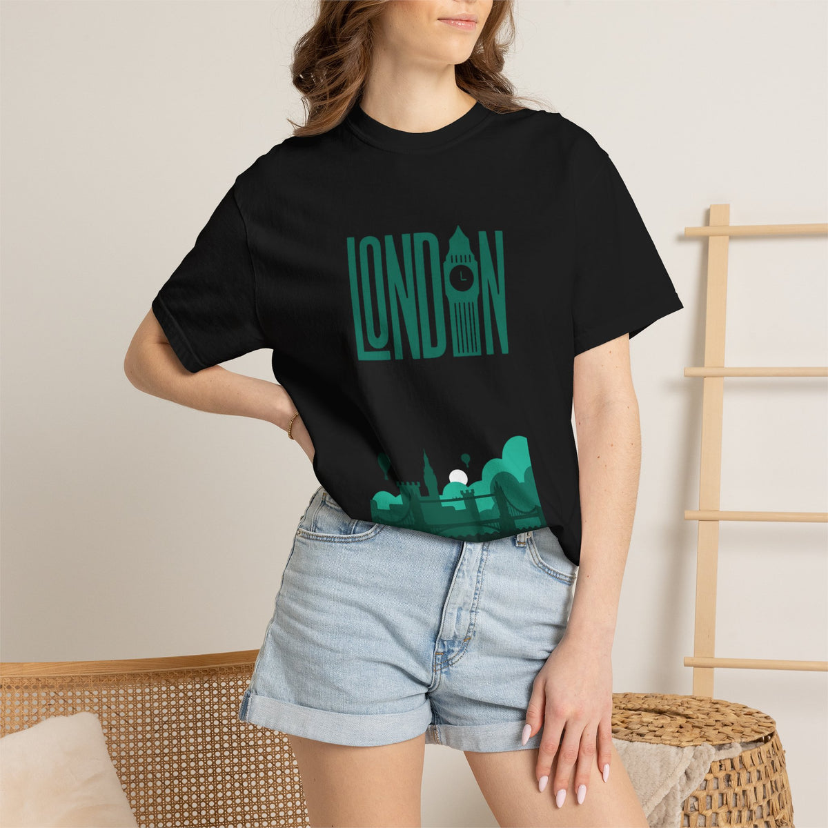London Retro Skyline Poster Graphic Tee | Big Ben Tower Bridge Teal Design