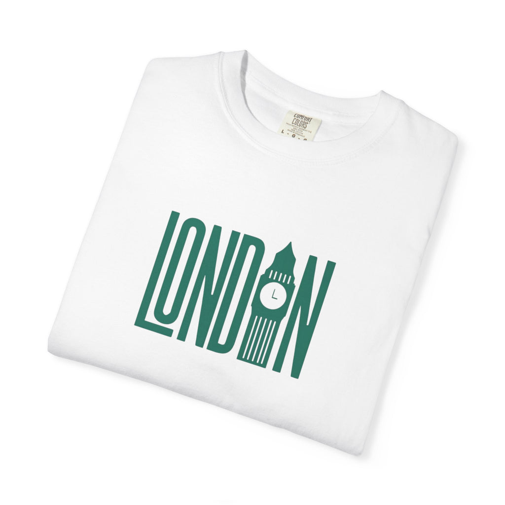 London Retro Skyline Poster Graphic Tee | Big Ben Tower Bridge Teal Design