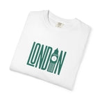 London Retro Skyline Poster Graphic Tee | Big Ben Tower Bridge Teal Design