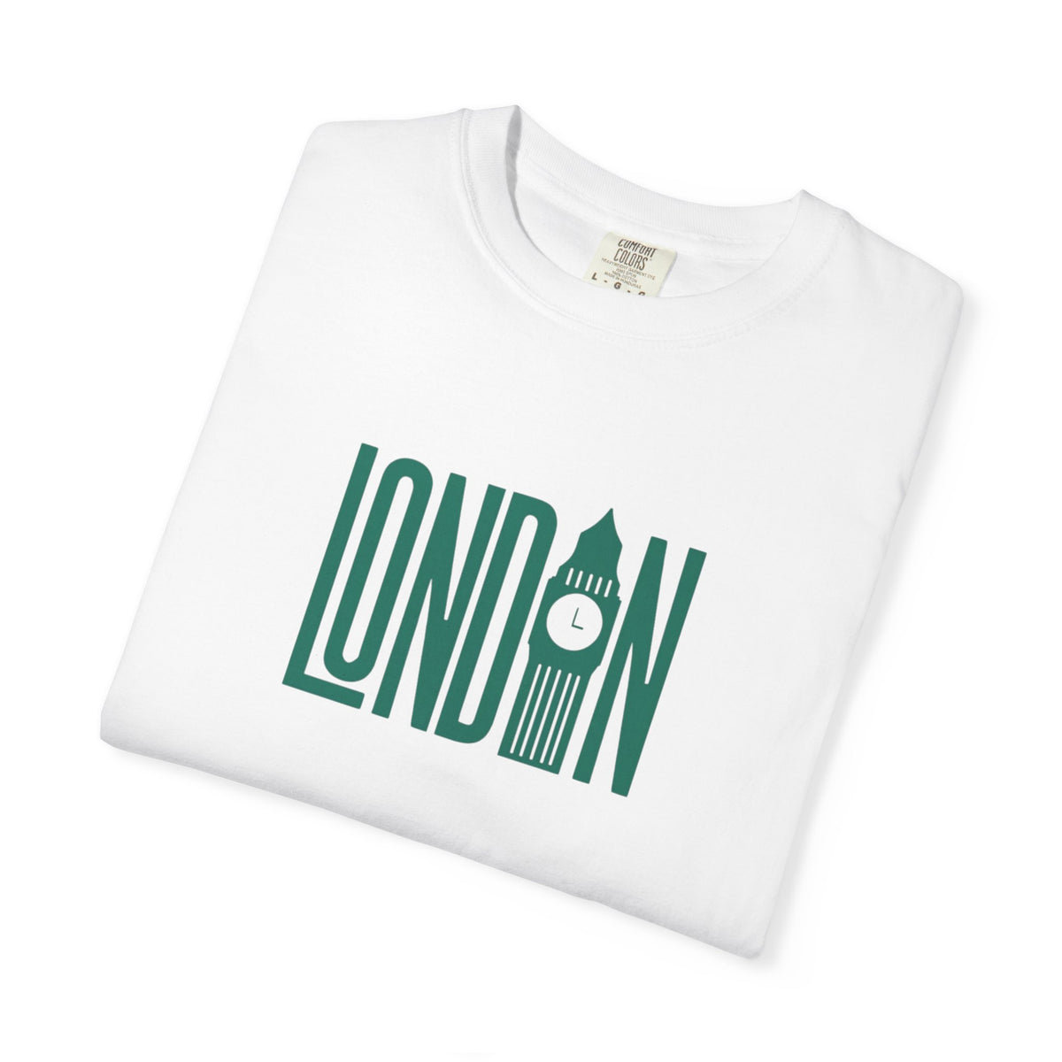 London Retro Skyline Poster Graphic Tee | Big Ben Tower Bridge Teal Design