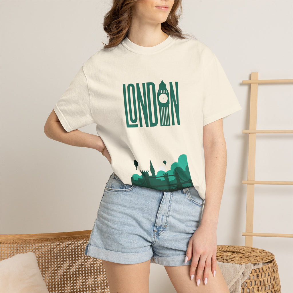 London Retro Skyline Poster Graphic Tee | Big Ben Tower Bridge Teal Design