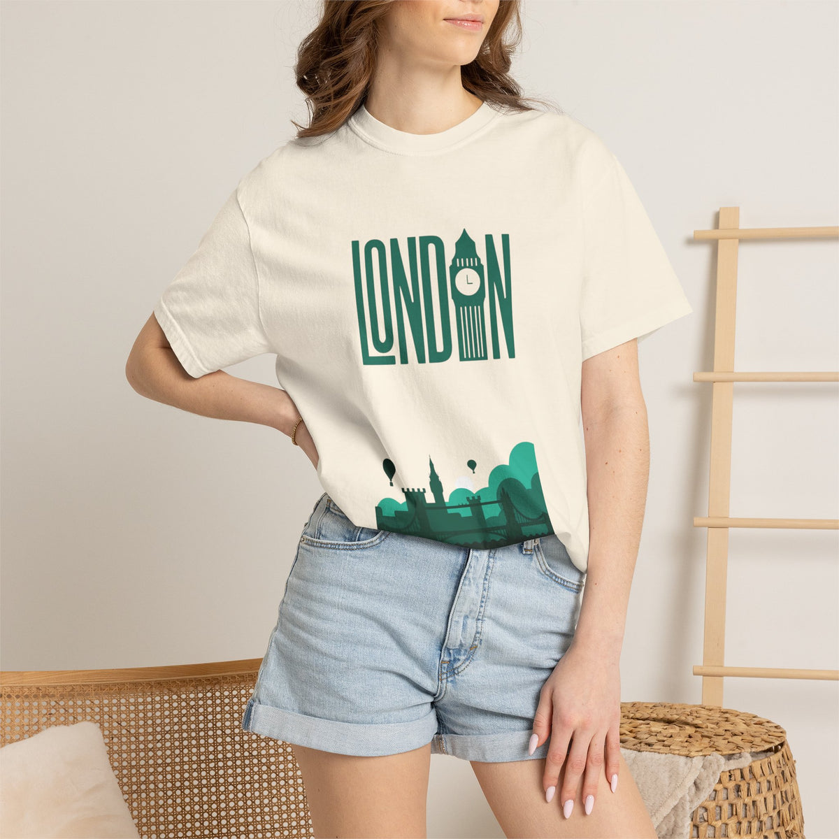 London Retro Skyline Poster Graphic Tee | Big Ben Tower Bridge Teal Design