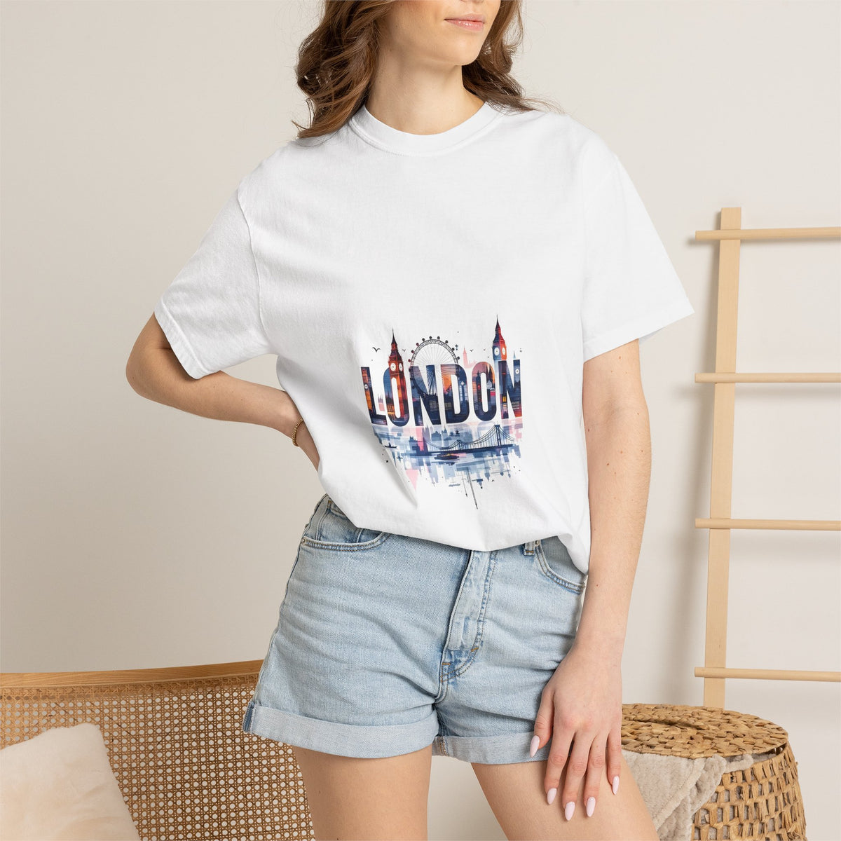 London Skyline Watercolor Typography Graphic Tee | Big Ben & London Eye