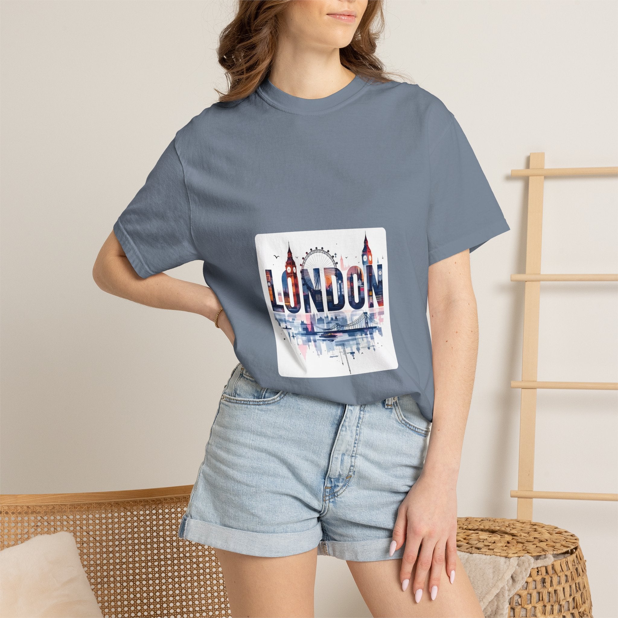 London Skyline Watercolor Typography Graphic Tee | Big Ben & London Eye