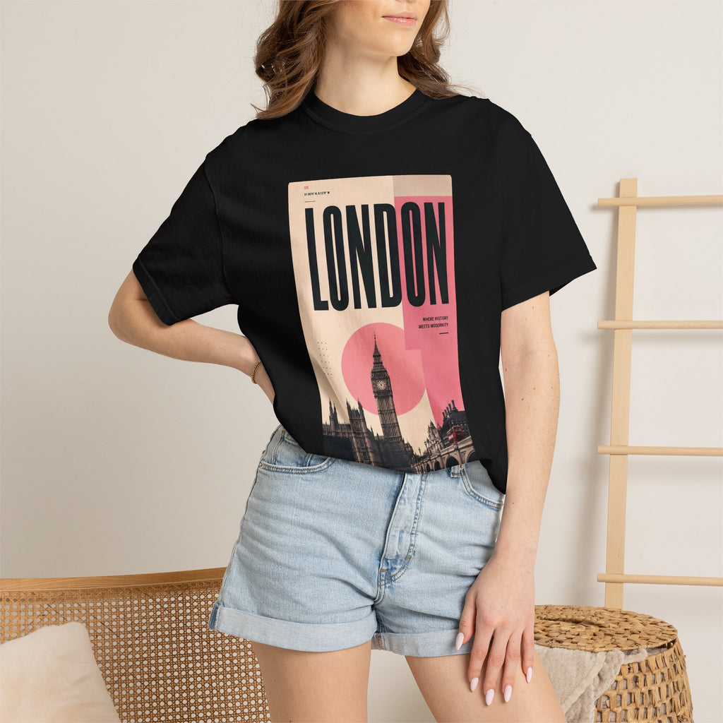 London Vintage Travel Poster Graphic Tee | Big Ben Retro Pink Design