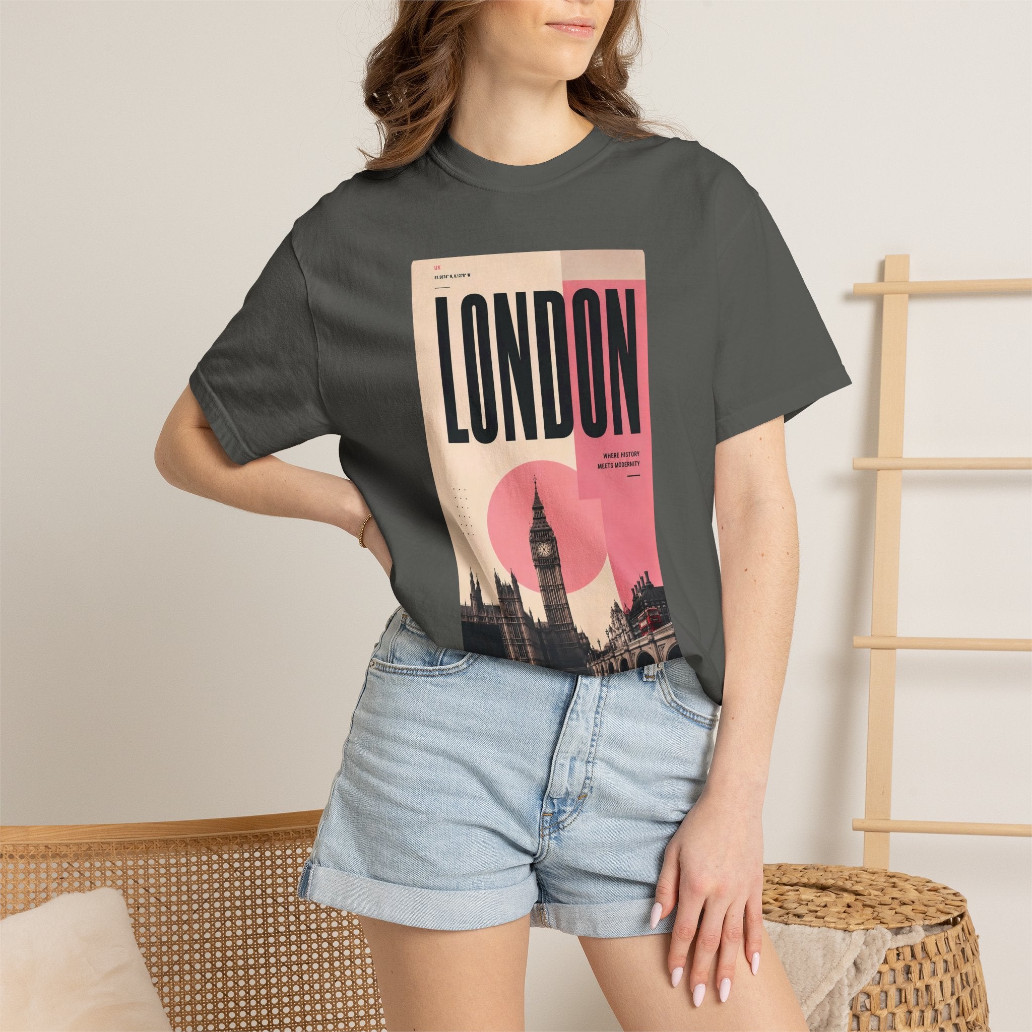 London Vintage Travel Poster Graphic Tee | Big Ben Retro Pink Design